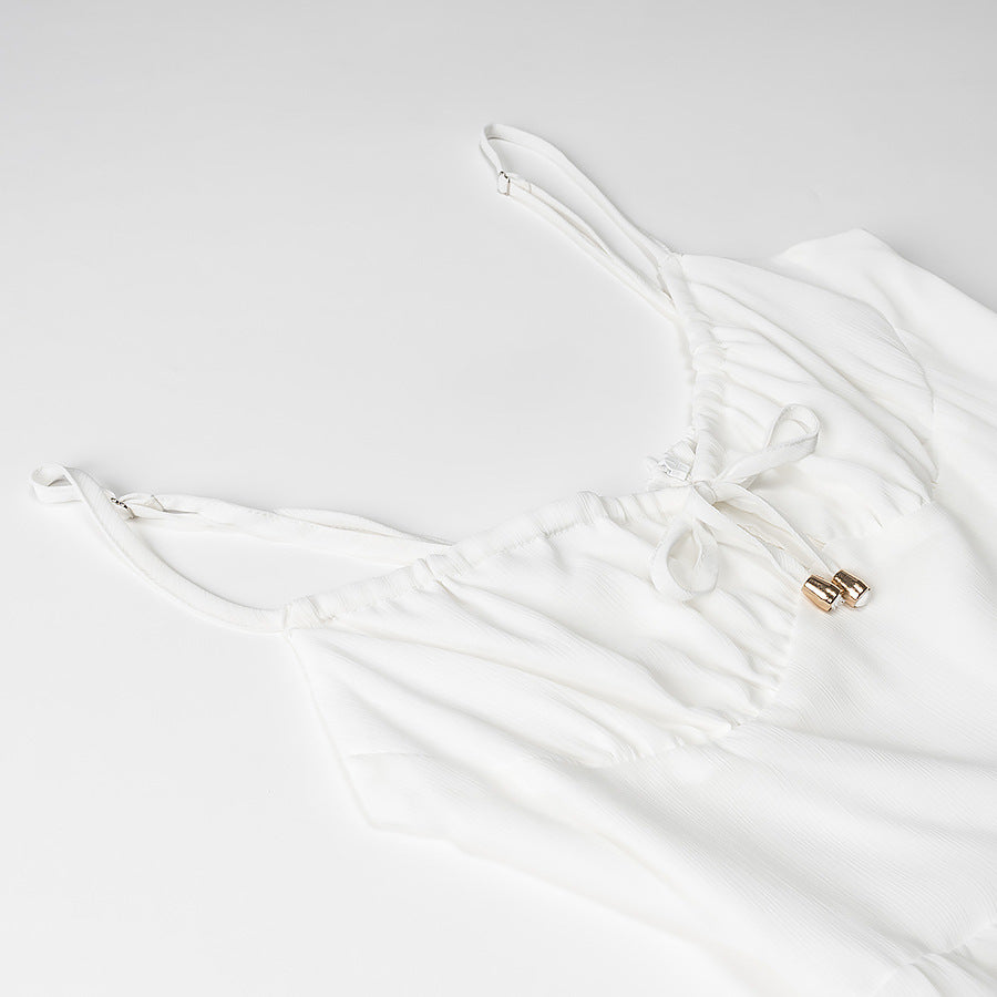 Robe longue femme – Bretelles fines – Dos nu – Coupe fluide – Tissu léger à volants