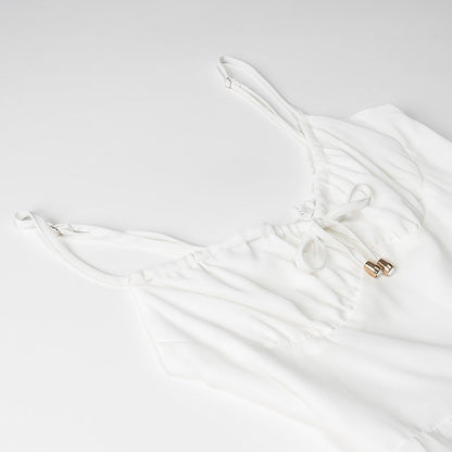 Robe longue femme – Bretelles fines – Dos nu – Coupe fluide – Tissu léger à volants