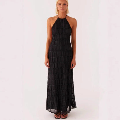 Robe longue femme – Col halter – Taille cintrée – Dentelle – Tissu fluide léger