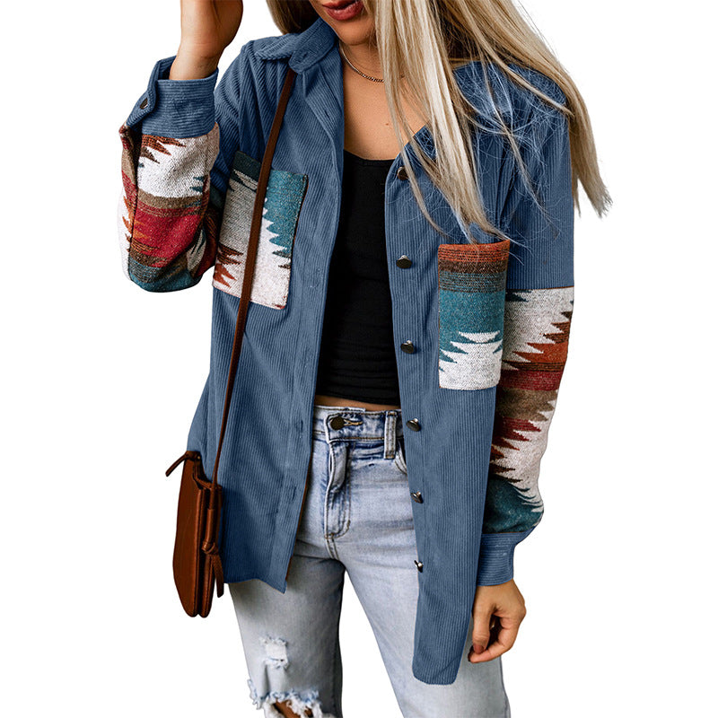 Veste cardigan femme – Coupe décontractée – Motif aztèque – Boutonnée – En velours côtelé