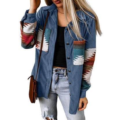 Veste cardigan femme – Coupe décontractée – Motif aztèque – Boutonnée – En velours côtelé