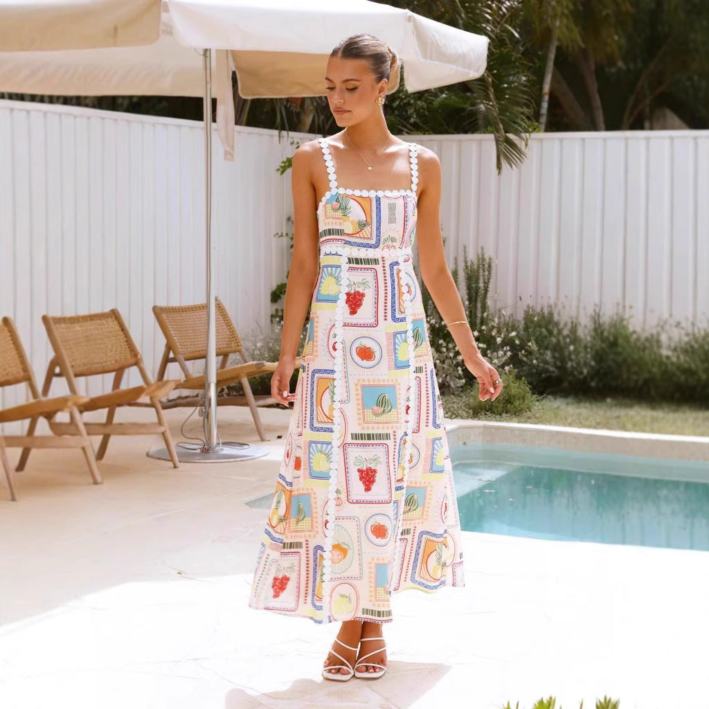 Robe longue femme – Lin mélangé – Imprimé géométrique – Bretelles dentelle – Coupe fluide