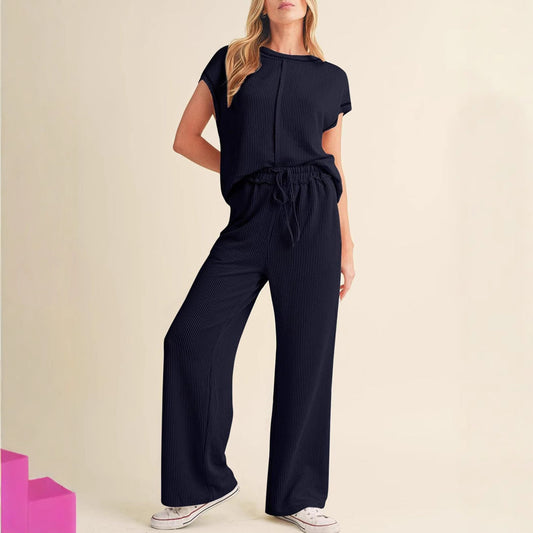 Ensemble Loungewear Femme – Coupe Décontractée – Maille Côtelée Douce – Haut Manches Courtes et Pantalon Large