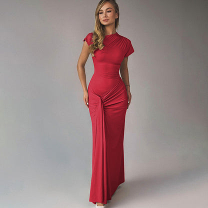 Robe longue femme – Coupe ajustée – Taille drapée – Manches courtes élégantes