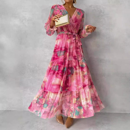Robe longue femme – Tissu léger – Coupe ample – Jupe à volants – Manches longues