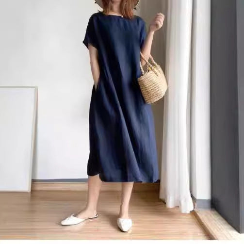 Robe midi femme – Coupe ample – Coton léger – Manches courtes – Col rond – Poches