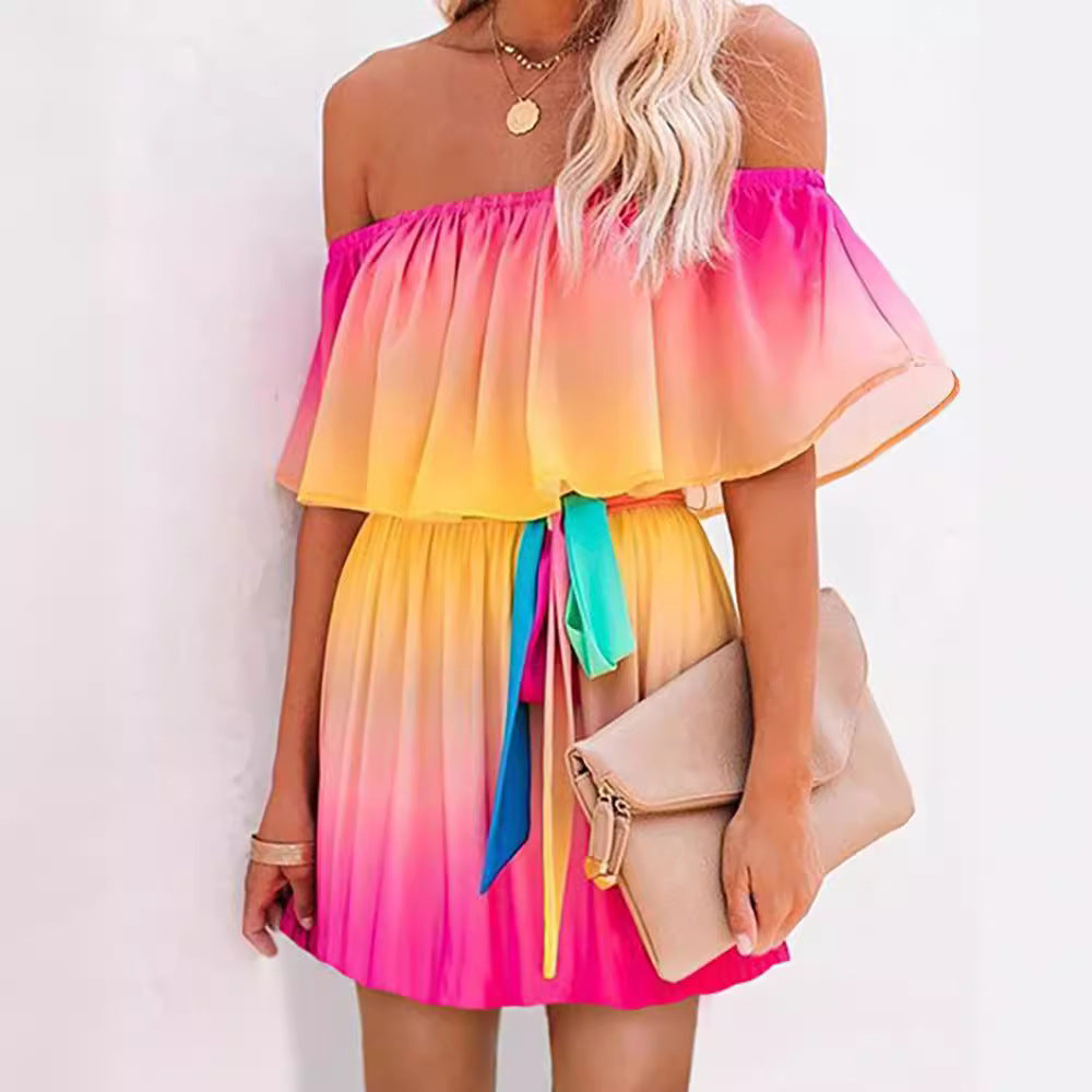 Robe Femme Courte – Décolleté Bardot Volanté – Taille Ceinturée – Tissu Respirant