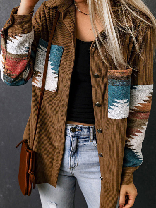 Veste cardigan femme – Coupe décontractée – Motif aztèque – Boutonnée – En velours côtelé