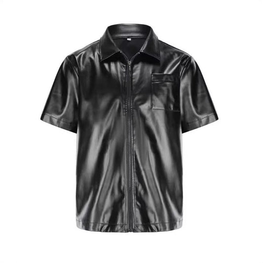 Veste Chemise Homme – Imitation Cuir Lisse – Coupe Structurée – Manches Courtes
