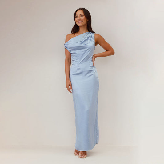 Robe mi-longue femme – Coupe moulante – Satiné élégant – Épaule unique drapée