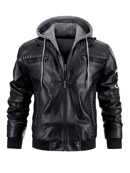 Veste en cuir à capuche pour homme - Fermeture éclair sur le devant - Vêtements d'extérieur décontractés