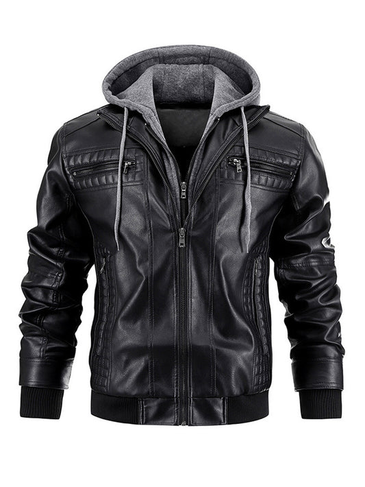 Veste en cuir à capuche pour homme - Fermeture éclair sur le devant - Vêtements d'extérieur décontractés