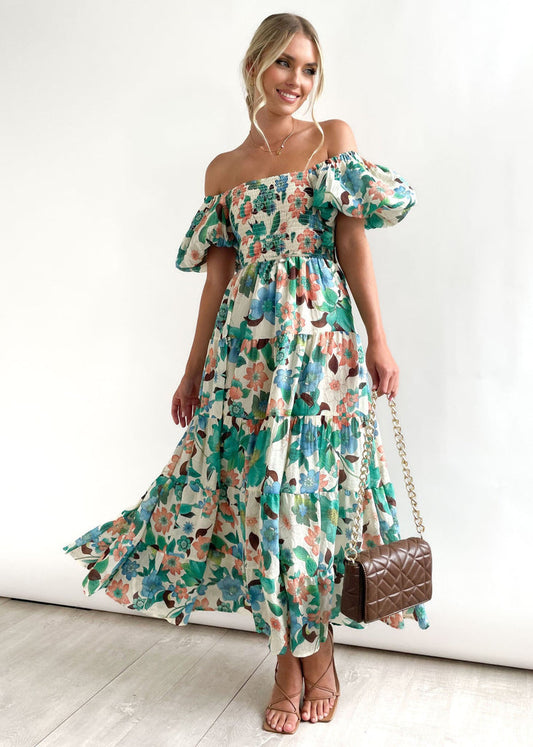 Robe longue femme – Épaules dénudées – Bustier smocké – Manches bouffantes – Tissu respirant