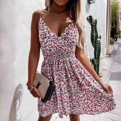 Robe femme sans manches – Coupe fluide – Décolleté cache-cœur – Taille élastique – Imprimé fleuri