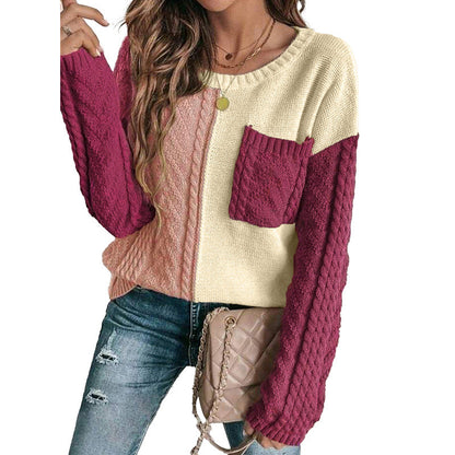 Sweat-shirt femme – Coupe ample – Maille torsadée – Épaules tombantes – Poche plaquée