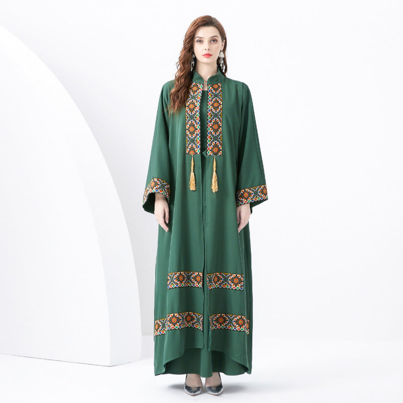 Robe longue femme – Coupe fluide – Détail tissé ethnique avec pampilles