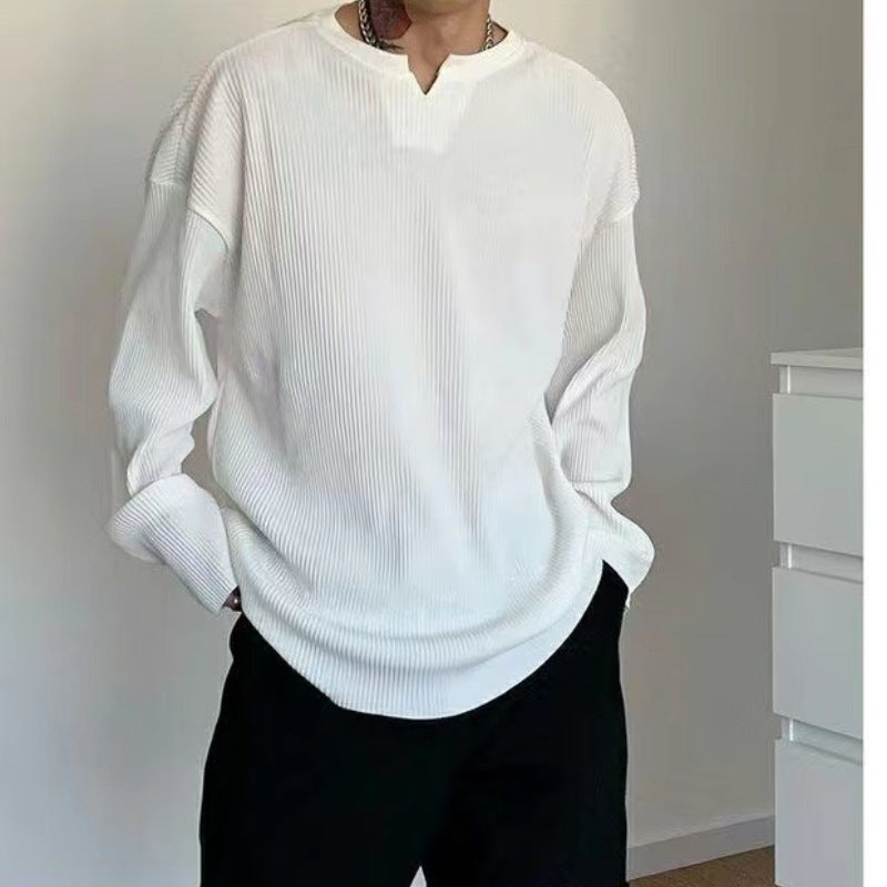 T-shirt manches longues homme – Maille côtelée – Coupe décontractée – Col en V