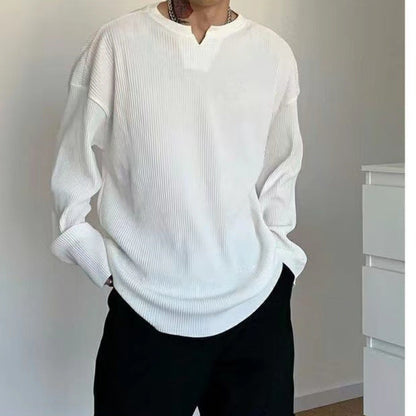 T-shirt manches longues homme – Maille côtelée – Coupe décontractée – Col en V