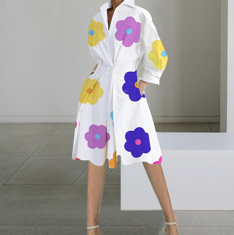 Robe mi-longue femme – Coupe fluide – Col en V – Manches longues – Motif à pois