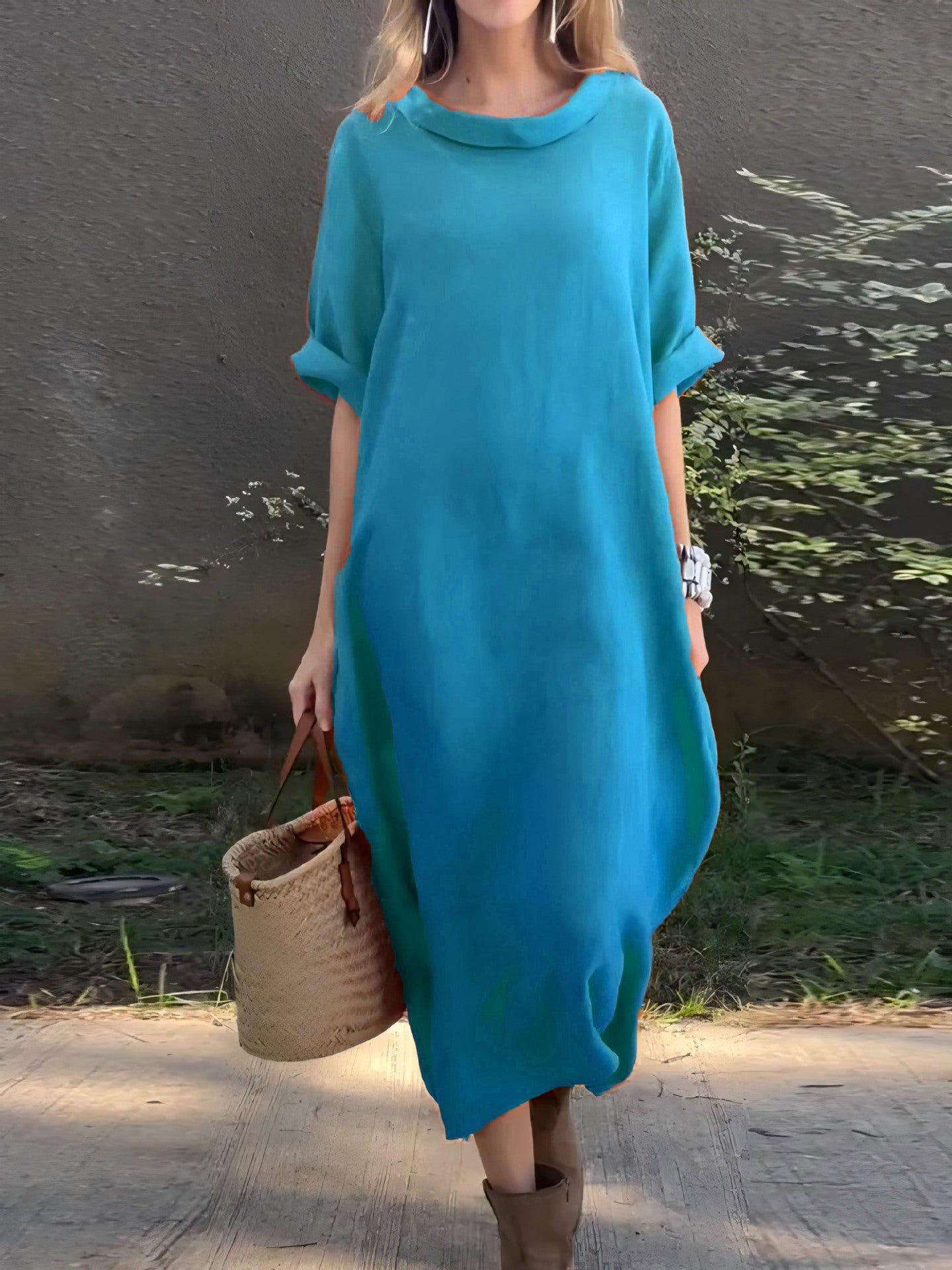 Robe femme midi – Coupe oversize – Coton – Manches mi-longues – Ourlet asymétrique