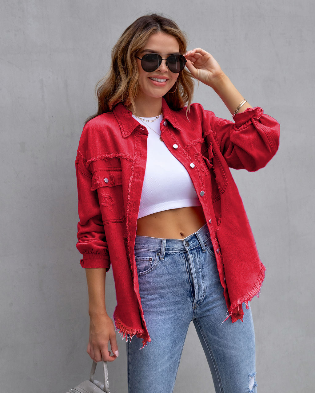 Veste en jean femme – Coupe oversize – Délavage effet usé – Longueur mi-hanches