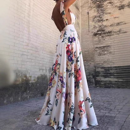 Robe longue femme – Dos nu – Coupe évasée – Bretelles fines – Imprimé fleuri
