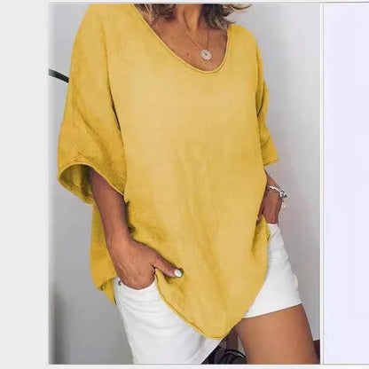 T-shirt femme – Coupe décontractée – En coton et lin – Col V – Manches courtes