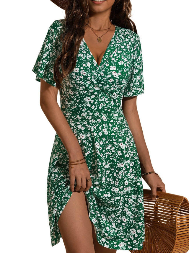 Robe fleurie pour femme - Col en V - Manches courtes - Coupe ajustée et évasée - Été