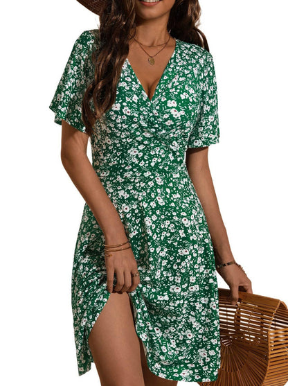 Robe fleurie pour femme - Col en V - Manches courtes - Coupe ajustée et évasée - Été