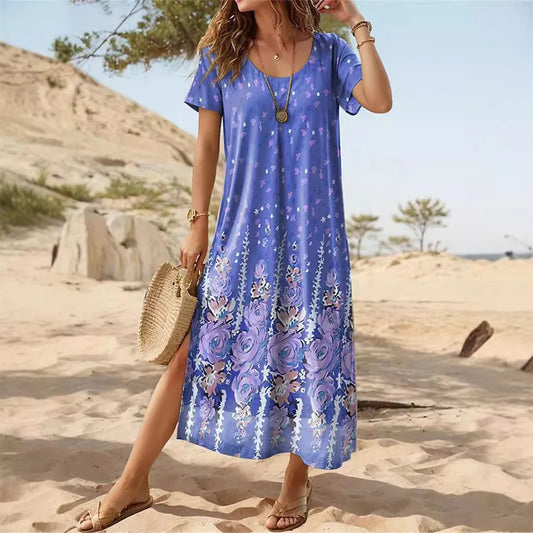 Robe longue femme – Coupe décontractée – Coton léger – Manches courtes – Motif floral