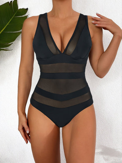 Maillot de bain femme une pièce – décolleté plongeant – inserts en mesh – coupe moulante