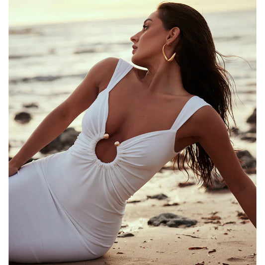 Robe longue femme – Sans manches – Coupe moulante – Décolleté V – Dos nu ajouré