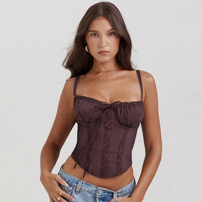 Débardeur Femme – Coupe Ajustée – Dentelle Élégante – Finition Satinée – Fines Bretelles