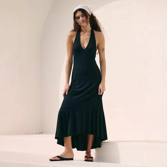 Robe longue femme – Coupe fluide – Col halter en V – Tissu léger plissé
