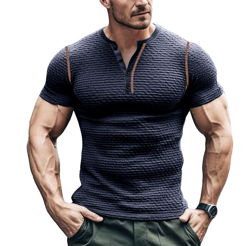 T-shirt Henley homme – Coupe slim – Maille gaufrée – Manches courtes respirantes