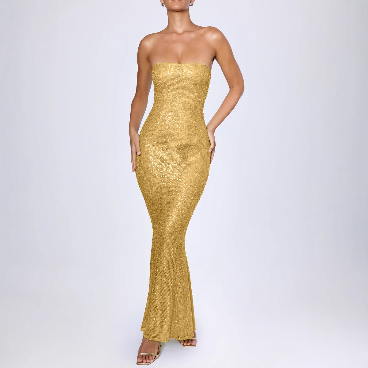 Robe longue femme – Sans manches – Coupe sirène – Entièrement à sequins – Élégante soirée
