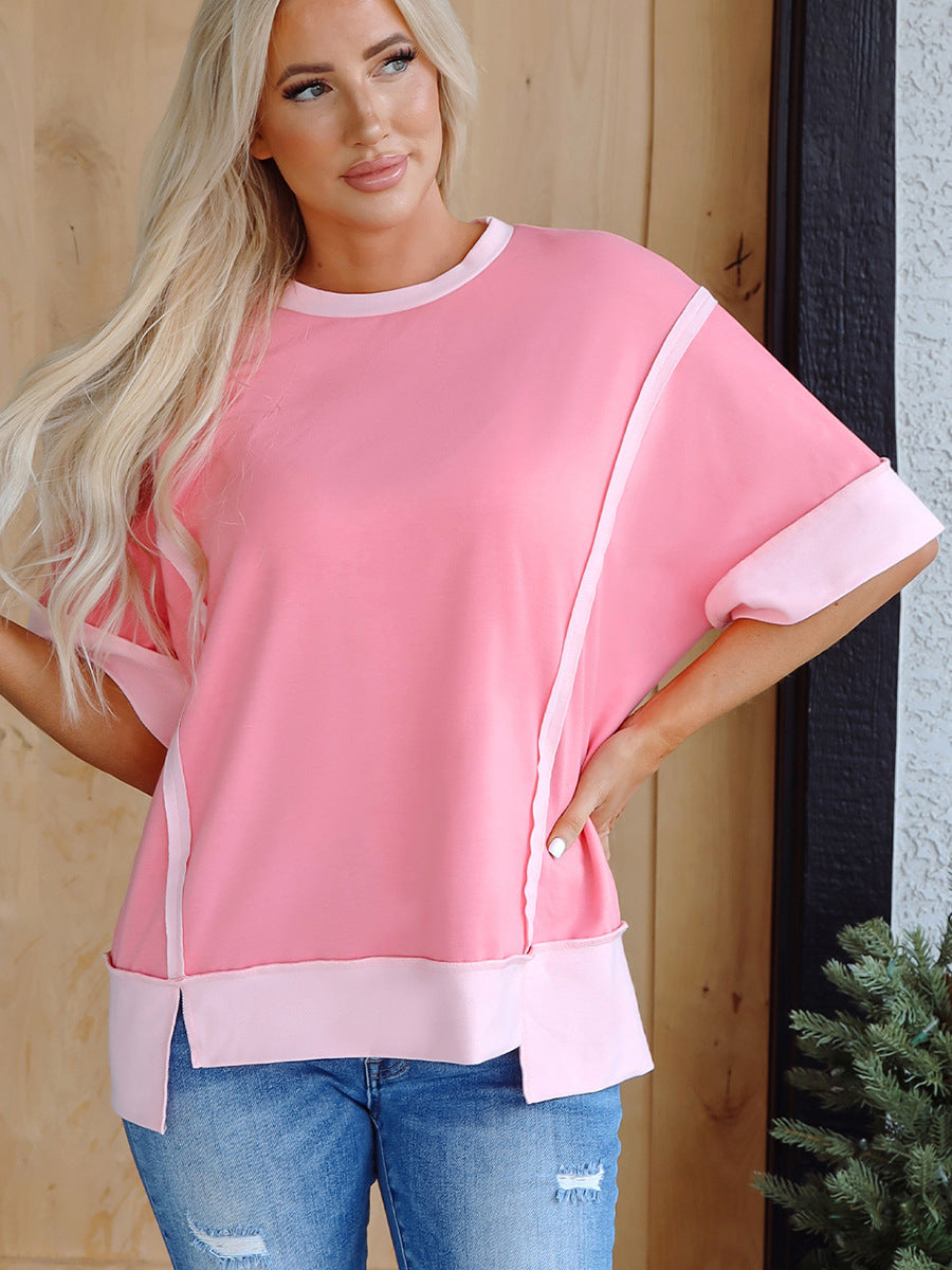 Haut manches courtes femme – Coupe ample – Tissu coton – Design colorblock – Fente côté