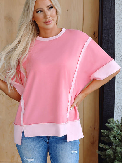 Haut manches courtes femme – Coupe ample – Tissu coton – Design colorblock – Fente côté