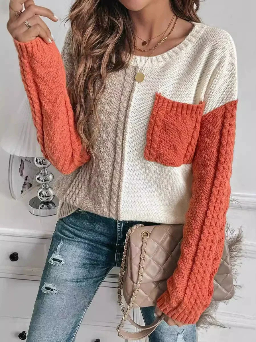 Pull femme – Maille laine – Coupe décontractée – Patchwork avec poche poitrine