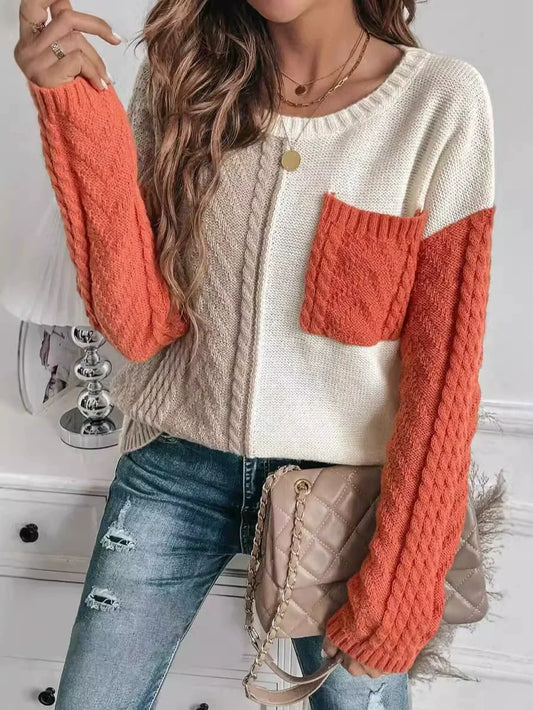 Pull femme – Maille laine – Coupe décontractée – Patchwork avec poche poitrine
