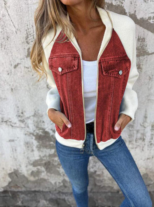 Blouson femme – Style bomber – Laine mélangée – Empiècements denim – Coupe droite
