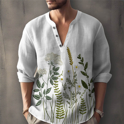Chemise homme – Coupe décontractée – Coton respirant – Col Henley – Broderie florale