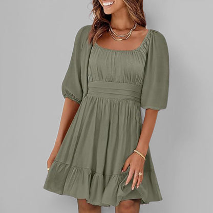 Robe femme évasée – Coton léger – Manches bouffantes – Encolure carrée – Ourlet volanté