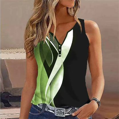 Top sans manches femme – Col V – Coupe fluide – Boutons décoratifs – Imprimé moderne