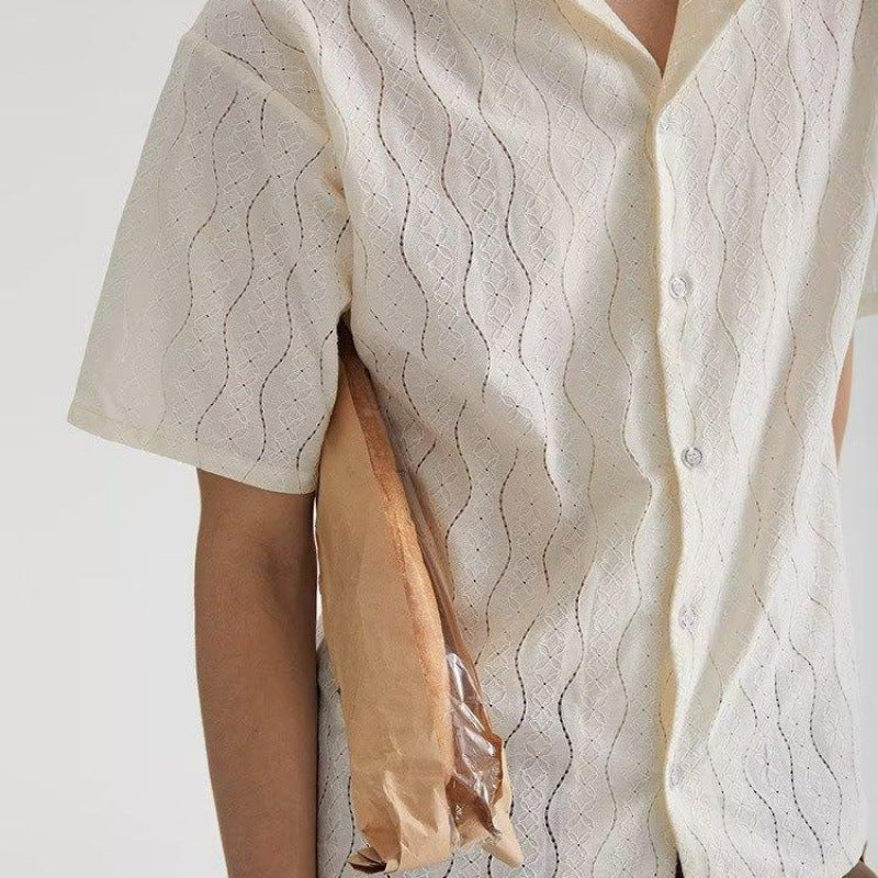 Chemise homme manches courtes – Coupe oversize – Col cubain – Dentelle respirante