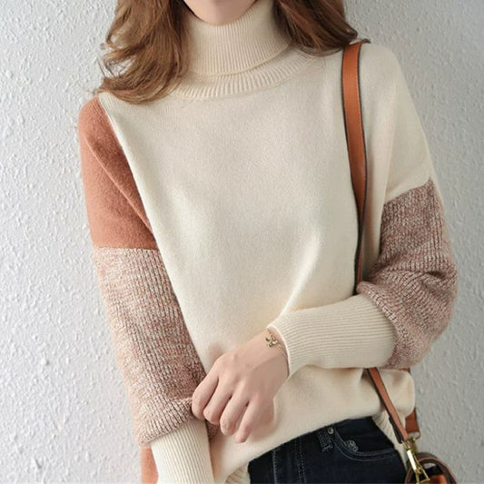 Pull femme – Coupe ample – Col montant – Maille douce – Détails côtelés