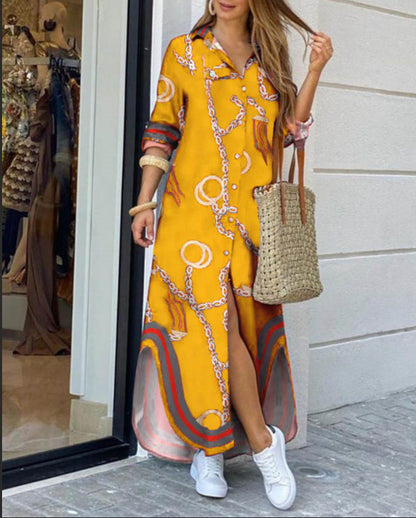 Robe longue imprimée à col boutonné et manches longues pour femme