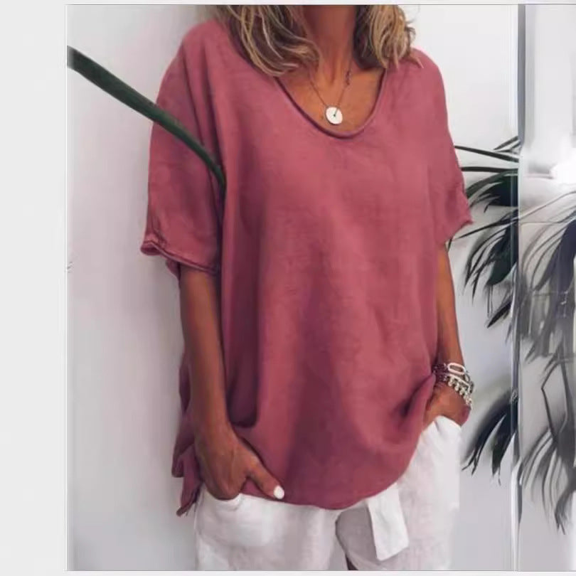 T-shirt femme – Coupe décontractée – En coton et lin – Col V – Manches courtes