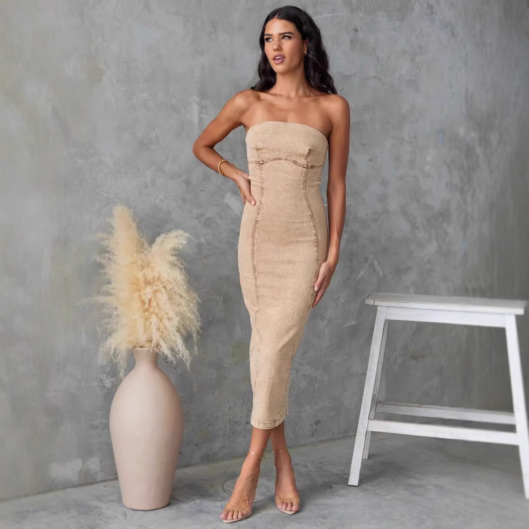 Robe femme sans bretelles – Coupe slim – Denim structuré – Longueur midi