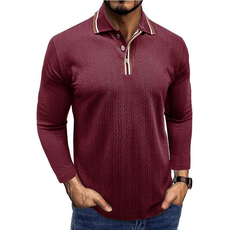 Polo homme manches longues – Coupe cintrée – Maille texturée – Col rayé